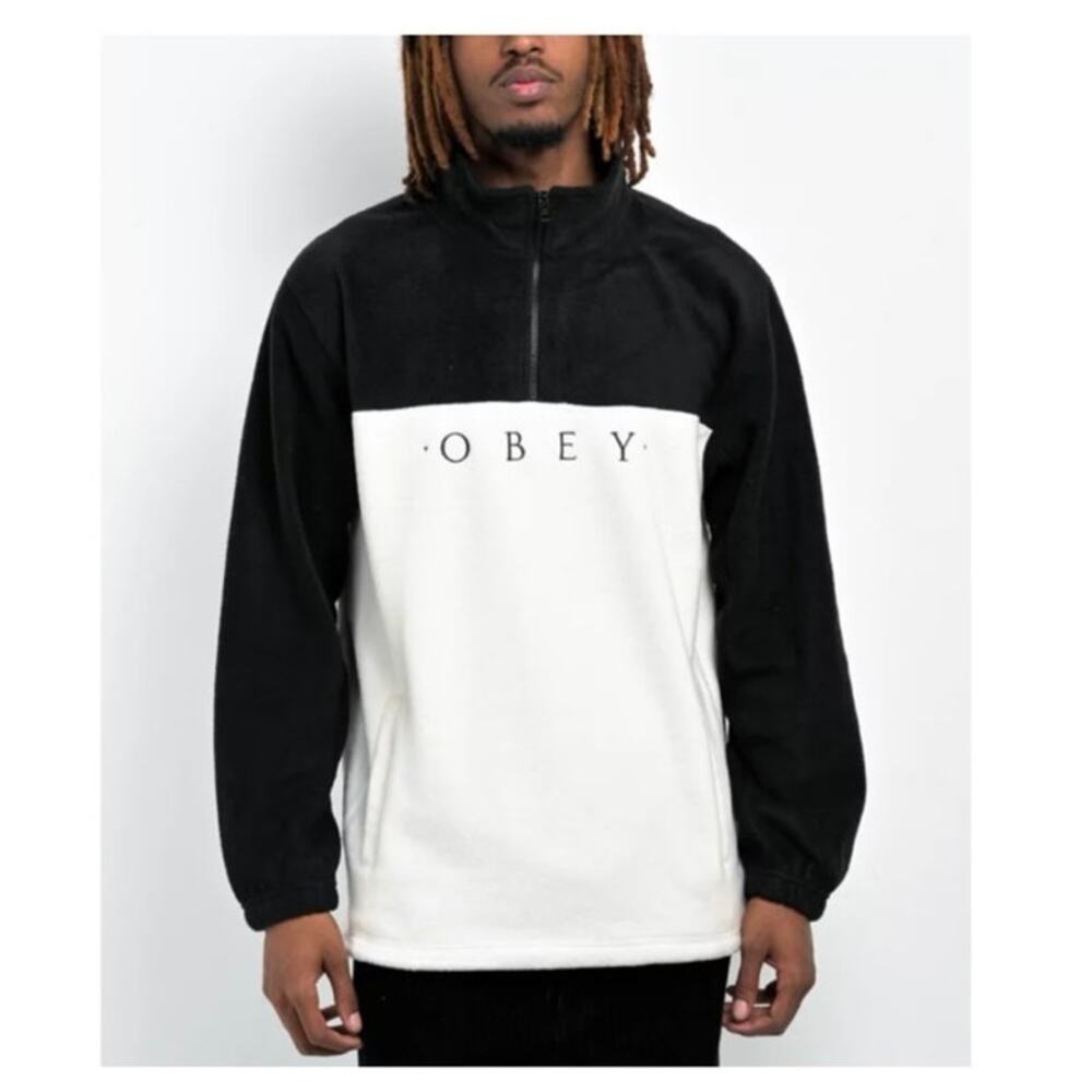 Obey Mens Black and White Fleece‎ Pullover 1/4 Zip Small